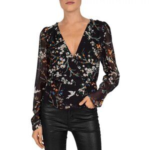 NWT The Kooples Black Bird Printed Crossover Top, Size 03 (Large)